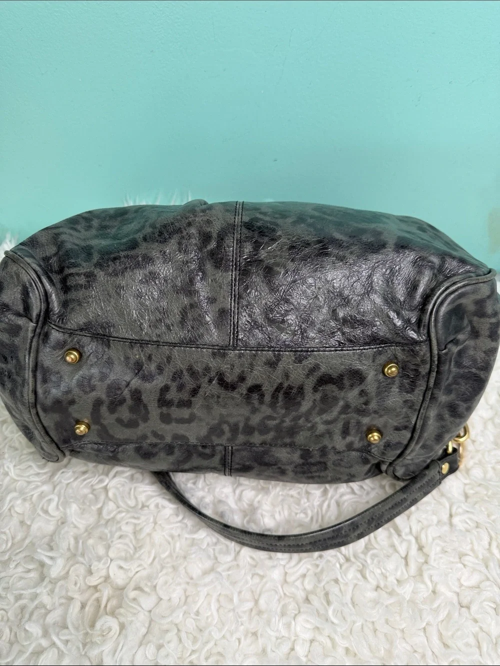 Brahmin Adore Charcoal Leopard-Print Leather Satchel with Gold Hardware